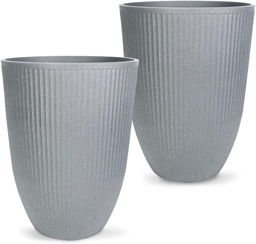 2 Pcs Pack 15 Inches Heavy Duty Plastic Resin Tall Tapered Planter Pots Large Round Planter Flower Pot with Drainage Holes for Indoor Outdoor Deck Porch Garden Home Patio Front Door (Light grey, S)