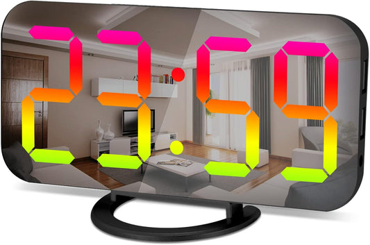 SZELAM LED RGB Digital Alarm Clock,with 11 Color Modes Display,Mirror Surface,Dual USB Charger Ports,Modern Desk Clocks for Bedroom Home Office Decor- Black