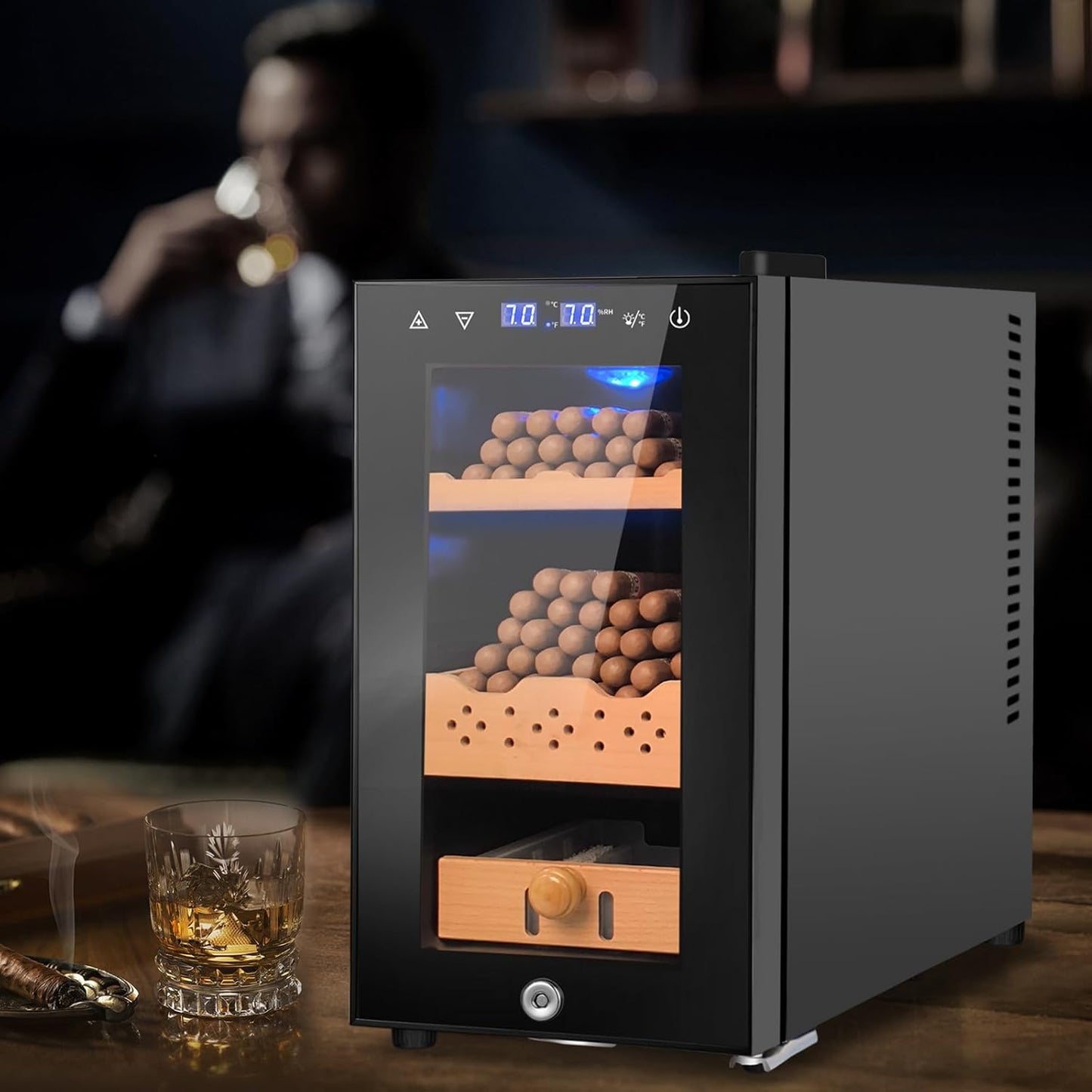25L Cigar Electric Humidor, 200 Counts Large Capacity,Thermostatic Electric Cooler Cabinet with Digital LED Screen, Safety Lock,Smart Humidity & Temp Control, Gifts for Men