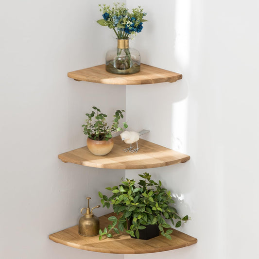 Corner Shelves, Floating Corner Shelf, Set of 3 Solid Oak Wood Corner Wall Shelves, Round End with Wire Hole Shelving for Small Plant for Bedroom Kitchen, Living Room (Size 9/10/12in)