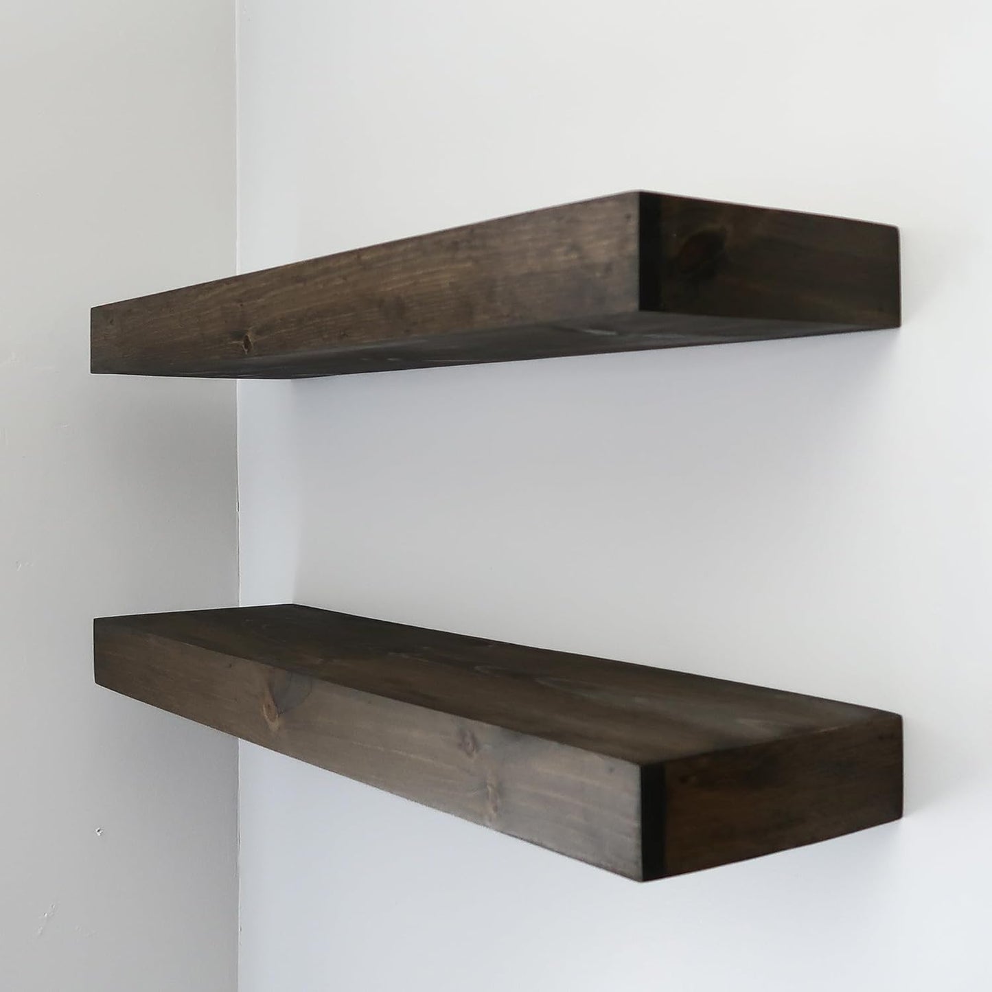 Modern Floating Shelves 3 Inches Thick for Wall, Wide Shelves for Kitchen, Living Room, Bedroom, and Bathroom, Natural Pine Wood, Rustic Wooden Shelf, (Set of 2) (Jacobean, 24Lx3Hx6D)