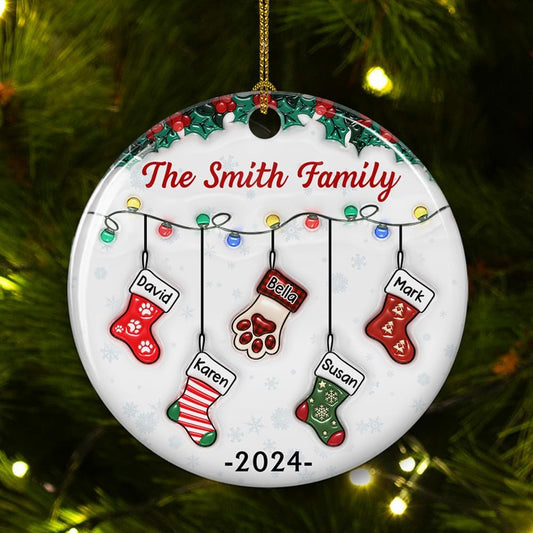 Stocking Personalized Family Christmas Ceramic Ornament 2025-3D Inflated Effect Custom Name Hanging Stock up to 10 Members, First Xmas as A Family Ornament Gifts (A04, 3 Names)