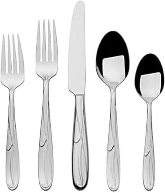 Mikasa Cocoa Blossom 65-Piece Flatware Set for 12, 18/10 Stainless Steel Silverware with Full Service and Serving Utensils, Elegant Floral Design