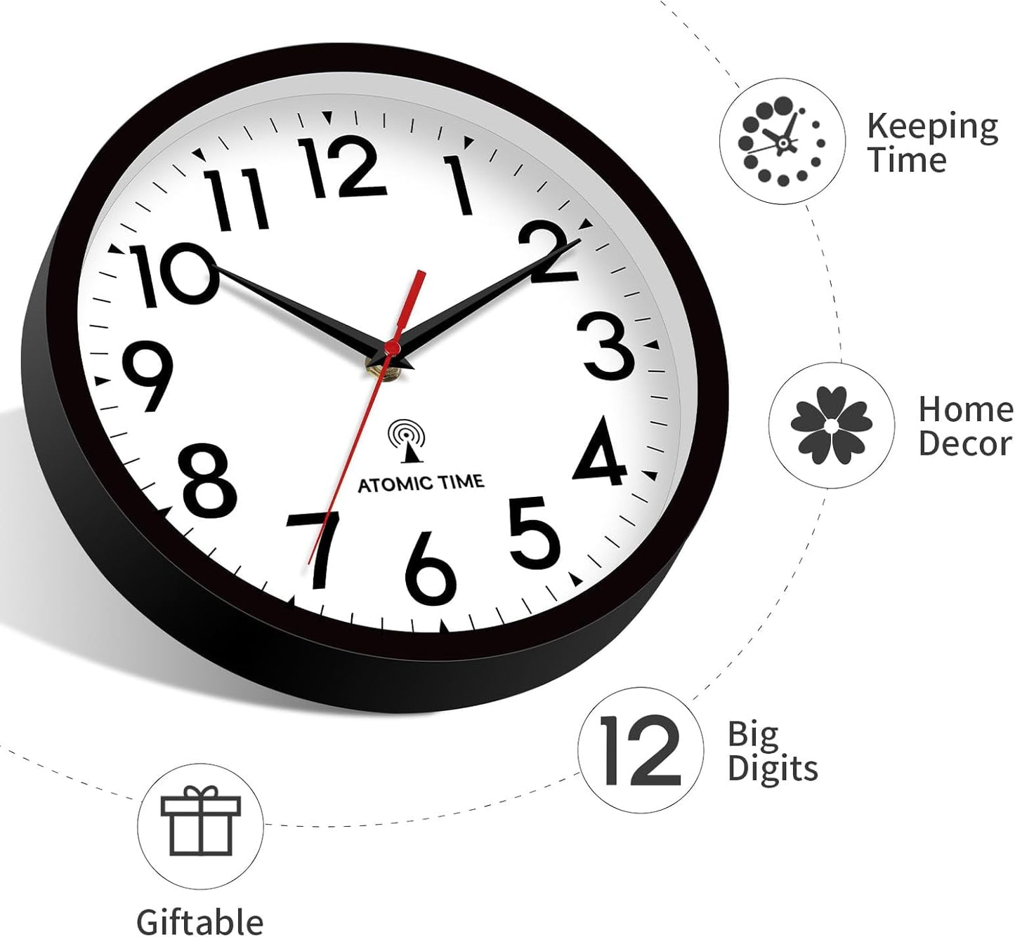 Atomic Wall Clock Analog 14 Inch Battery Operated Modern Decorative for Living Room Kitchen Office Bedroom Bathroom(Black)