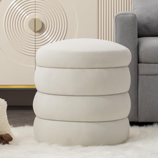 Furniliving Modern Round Ottoman, Soft Bedroom Ottoman Footstool Round Ottomans Stool for Living Room, Bedroom, Makeup Room, White, Velvet