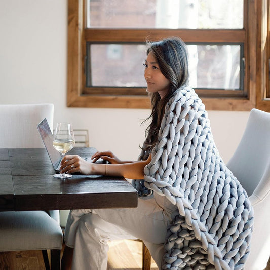 Nuzzie Chunky Knit Blanket - Breathable, Cooling, Hand Made Knit Throw Blanket for Sleep - Machine Washable, Stylish Decor Design (Misty Grey, Full | 16lbs | 48"x72")