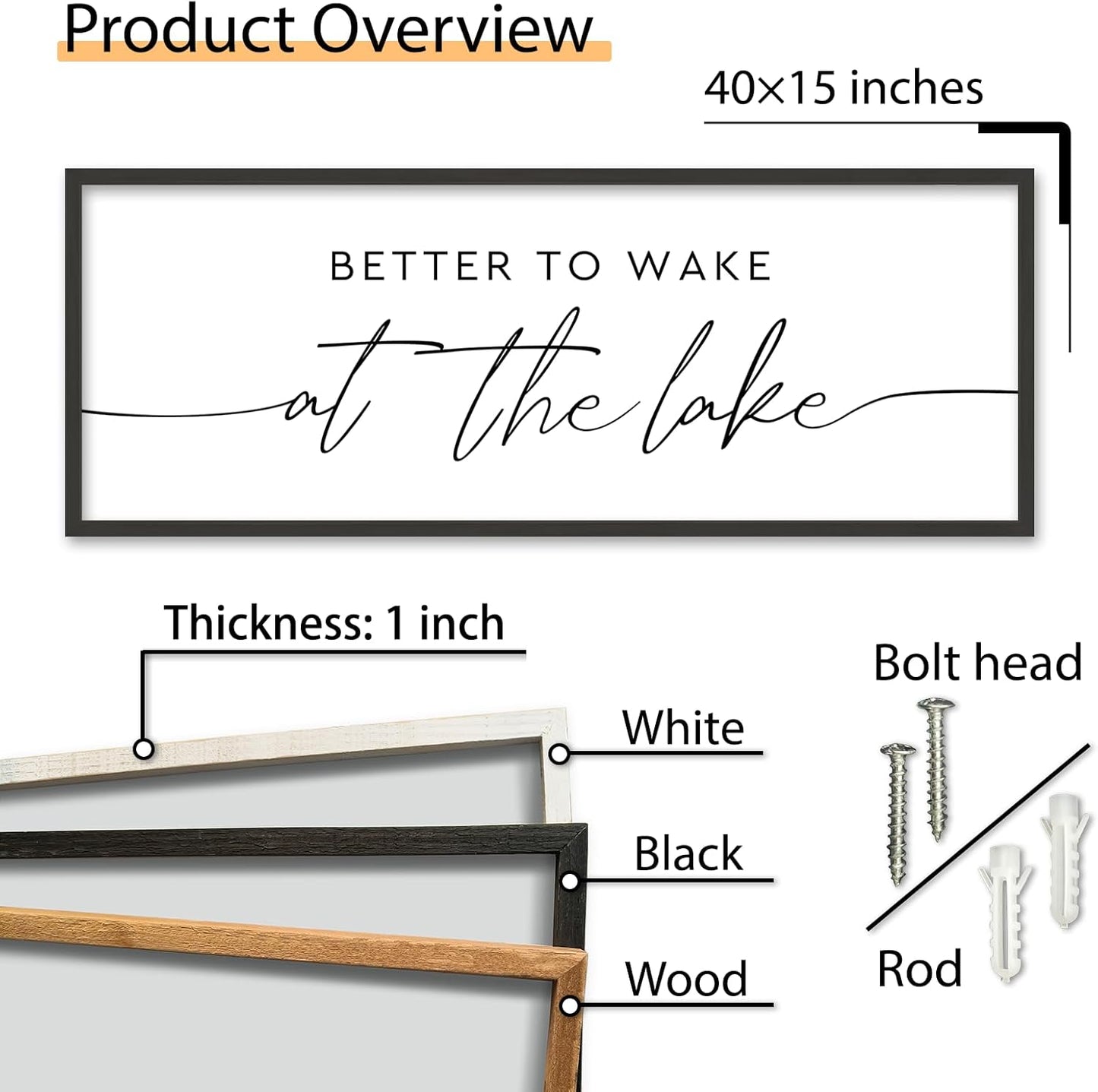 SRSZHIYUE Better To Wake At The Lake Wall Decor Above Bed Sign 40"×15" for Lake House Bedroom Over Bed Large Wood Framed Wall Hanging Art (Black)