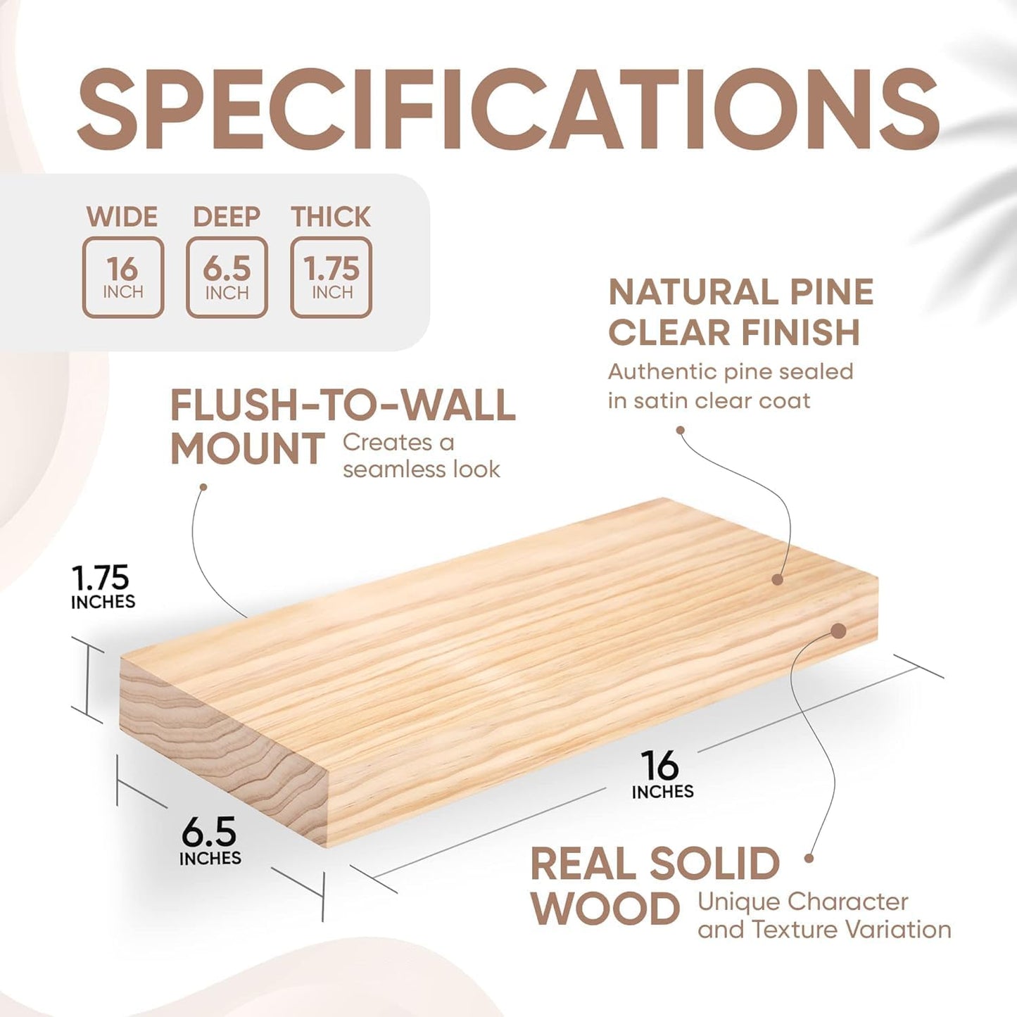 Homeforia 16 inch Natural Floating Shelf, High End Solid Real Wood 16inch Small Floating Shelves for Wall Mounted, Natural Wooden Floating Shelves, Heavy Duty Bracket, 16 X 6.5 X 1.75 in, Set of 2