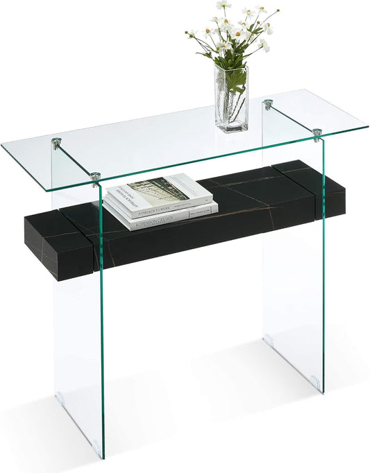 ivinta Glass Console Table with Storage, 39.4" Modern Sofa Table for Living Room, Foyer, Hallway, Bedroom 5101 (Black)