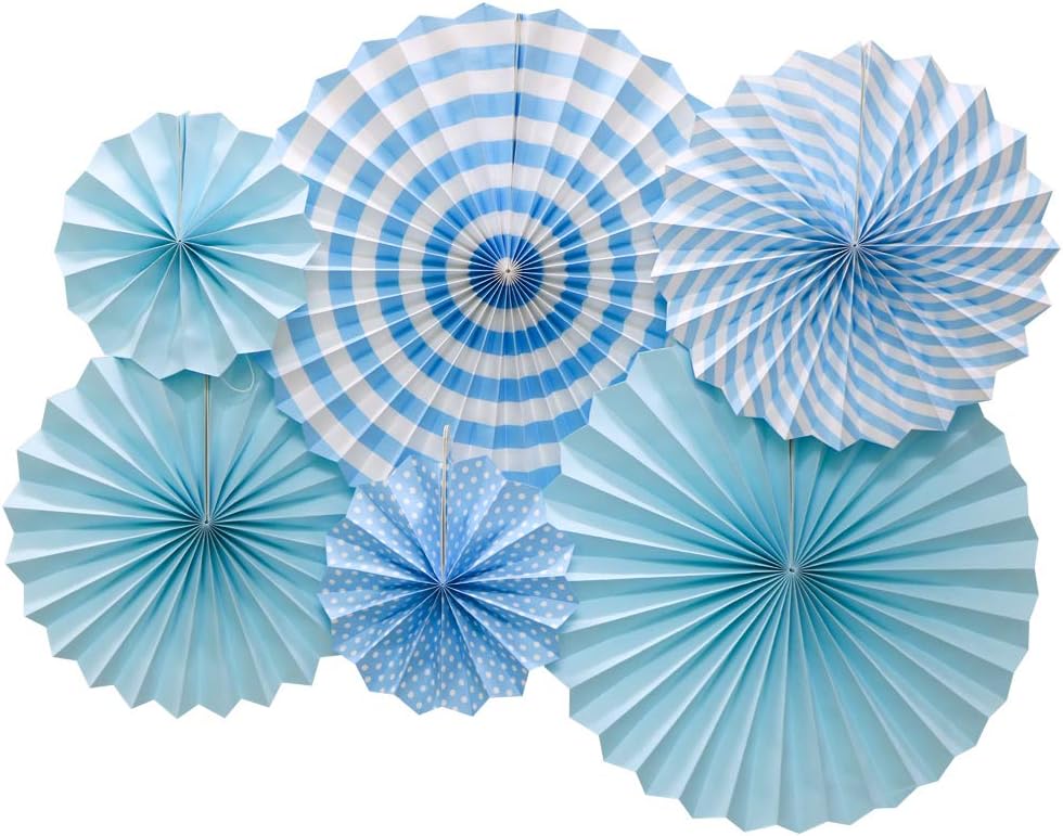 Hanging Paper Fans Party Set, Round Pattern Paper Garlands Decoration for Birthday Baby Boy Shower Graduation Bachelorette, Set of 6 (Blue)