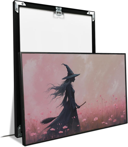JFHCQJPK Witch in the pink sea of flowers Halloween prints weird flowers wall art silhouette painting fashionable romantic decoration suitable for bedroom12x16in Metal blackFramed
