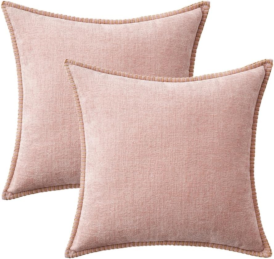 MIULEE Pack of 2 Couch Throw Pillow Covers 18x18 Inch Pink Valentine Farmhouse Decorative Pillow Covers with Stitched Edge Soft Chenille Solid Dyed Spring Pillow Covers for Sofa Bed Living Room