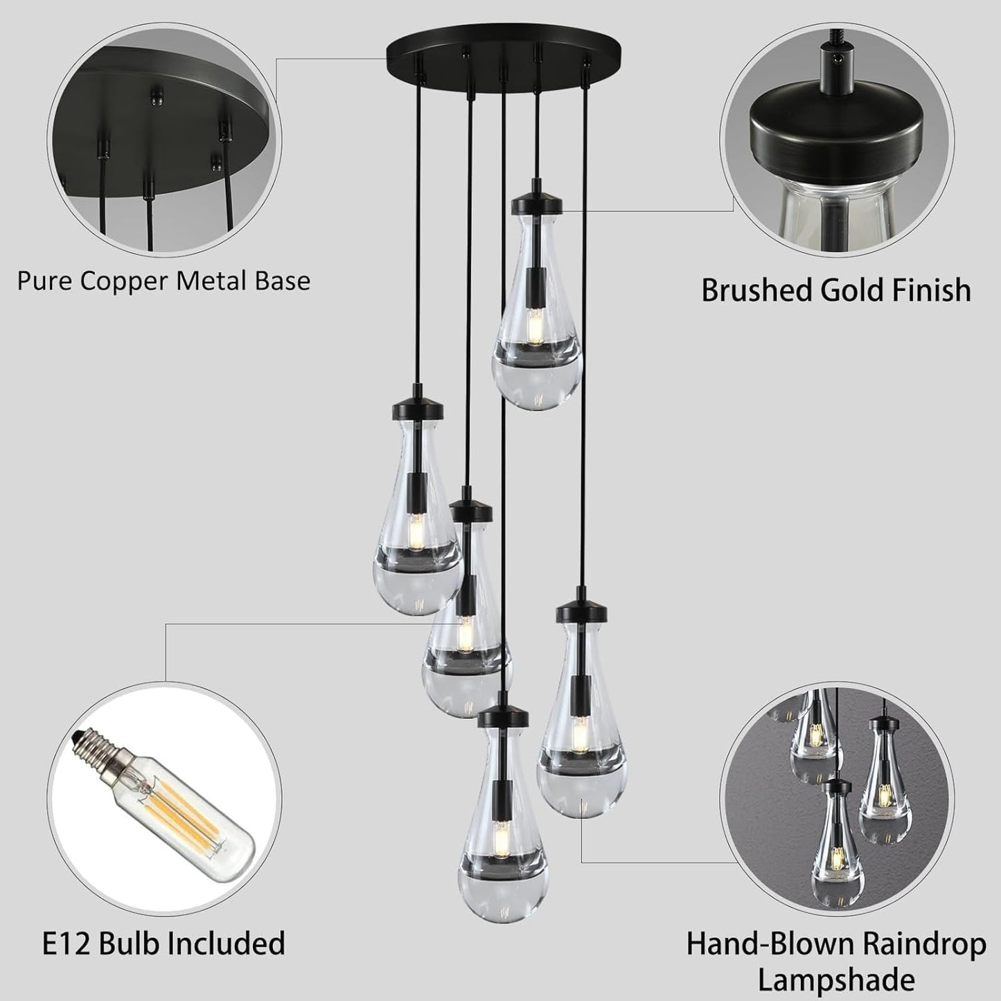 Bronze 5 Light Raindrop Chandeliers, Black Cluster Pendant Light Teardrop Dining Room Light Fixture Pendant Lights Kitchen Island, Hanging Ceiling Pendant Lighting for Entryway Living Room
