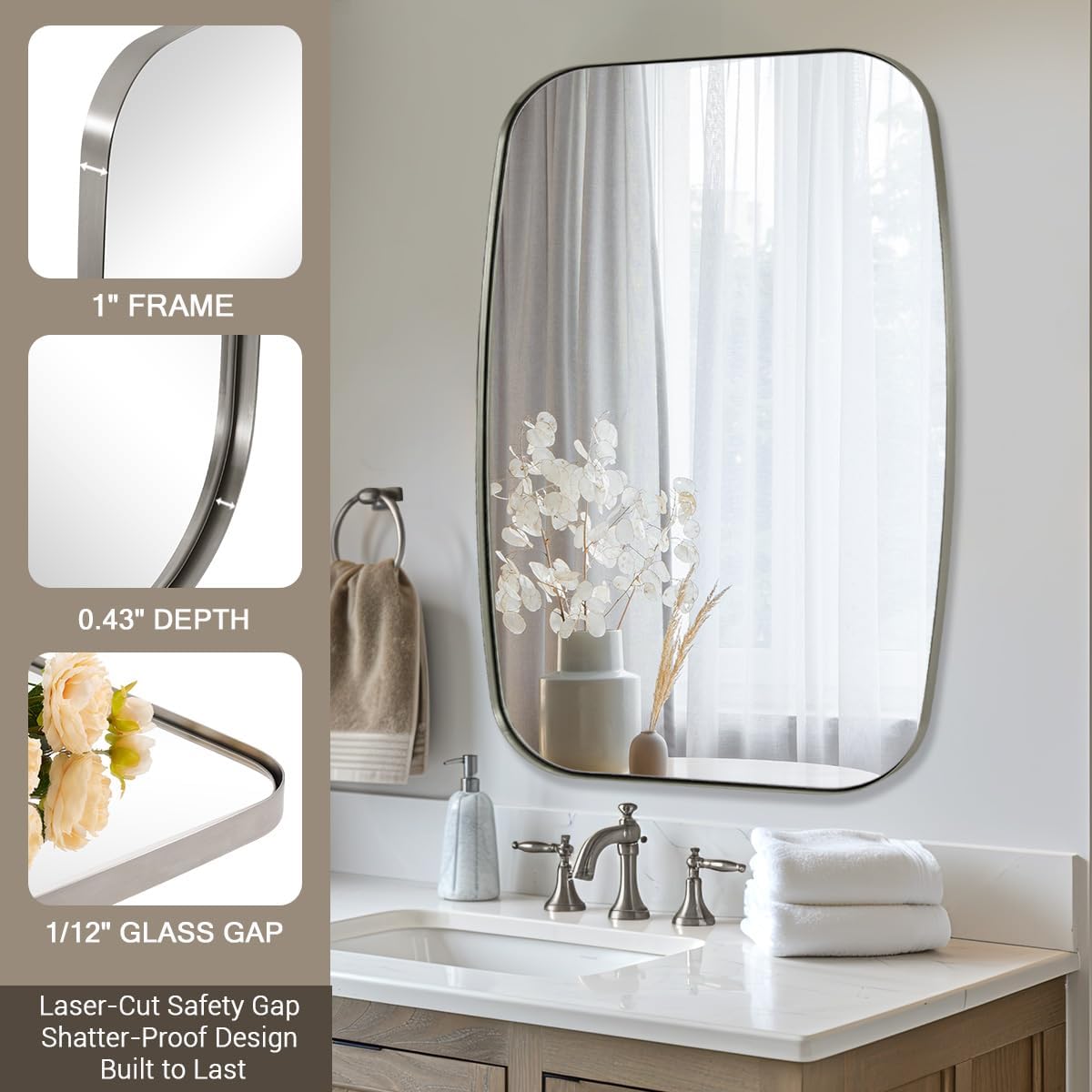 ANDY STAR Brushed Nickel Mirror, 28x36 Inch Stainless Steel Metal Frame Oblong Bathroom Mirror for Vanity, 1’’ Deep Wall Mounted Vertically/Horizontal