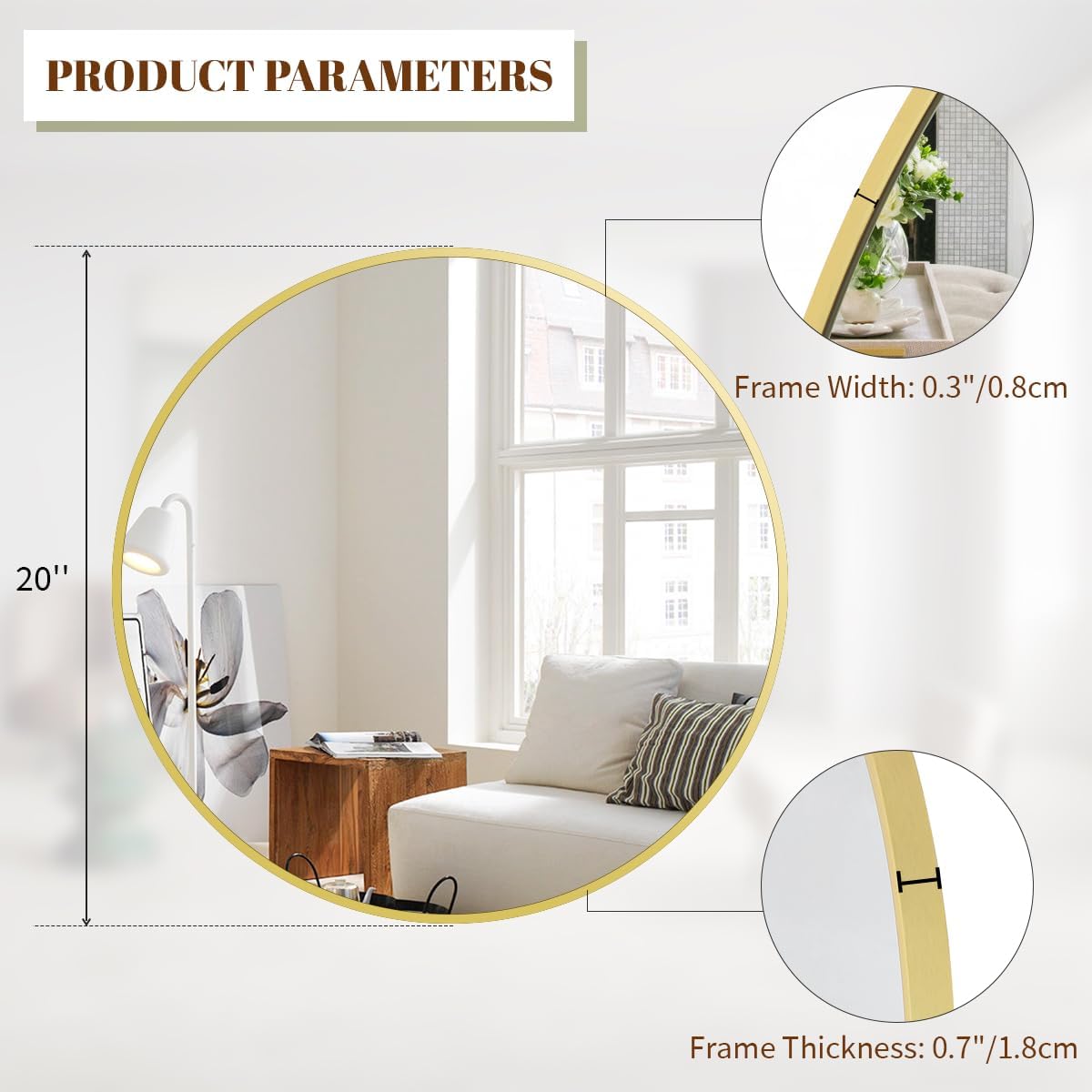 BEAUTYPEAK 20 Inch Round Mirror, Metal Frame Circle Mirror, Wall Mounted for Entryway, Bathroom, Vanity, Living Room, Gold