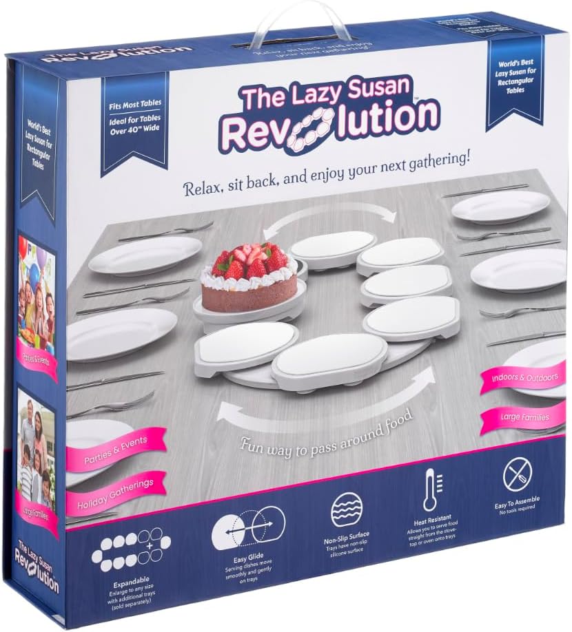 Full Set - White - The First Patented Lazy Susan Turntable Expandable for Rectangular & Oblong Tables - Kitchen & Dining Tables - Great Gift! Parties & Gatherings.