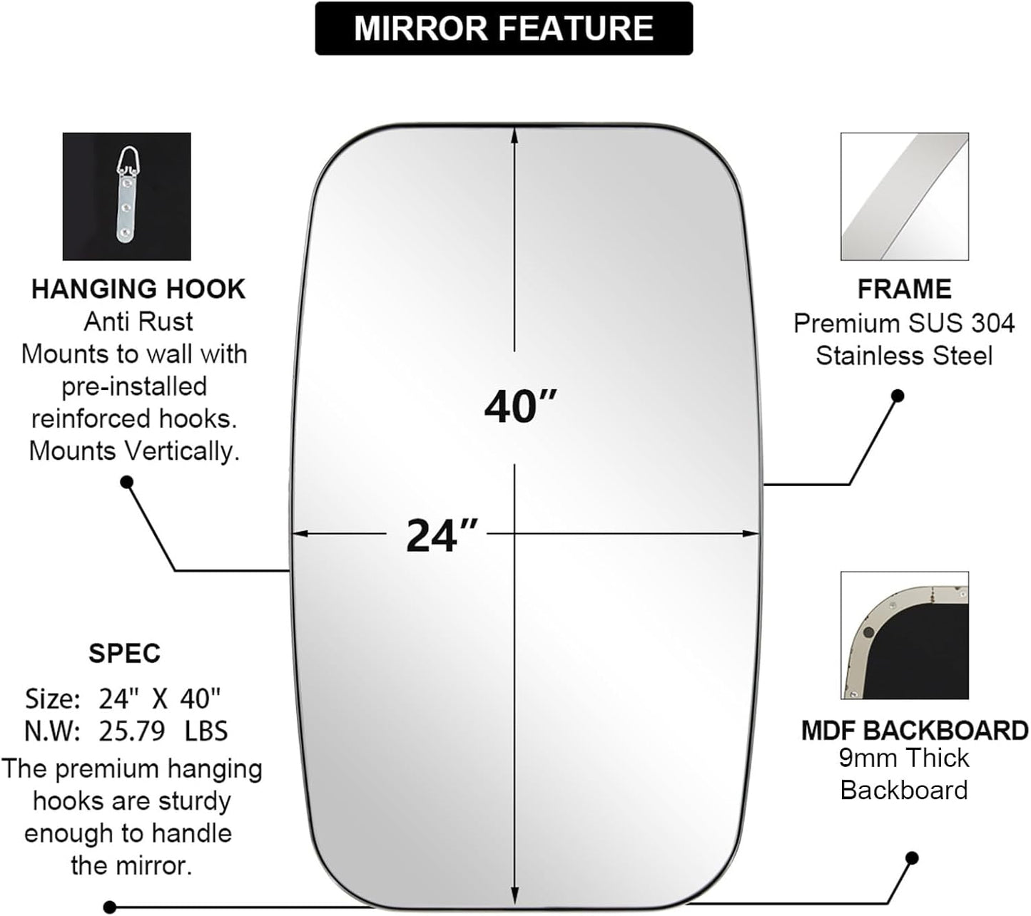 ANDY STAR Chrome Bathroom Mirror, 24x40 Inch Polished Chrome Oval Mirror for Bathroom with Stainless Steel Metal Frame, Oblong Mirror for Bathroom, Living Room, Entryway