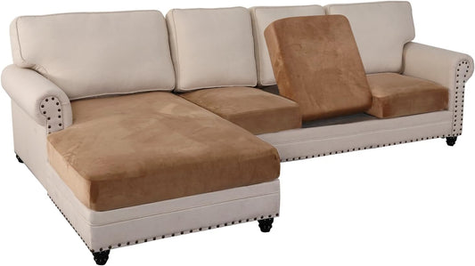PrinceDeco Sectional Couch Covers 4 Pieces Couch Covers for Sofa Velvet Separate Couch Cover L Shape for Left/Right Chaise(3 Seater + 1 Chaise,Camel)