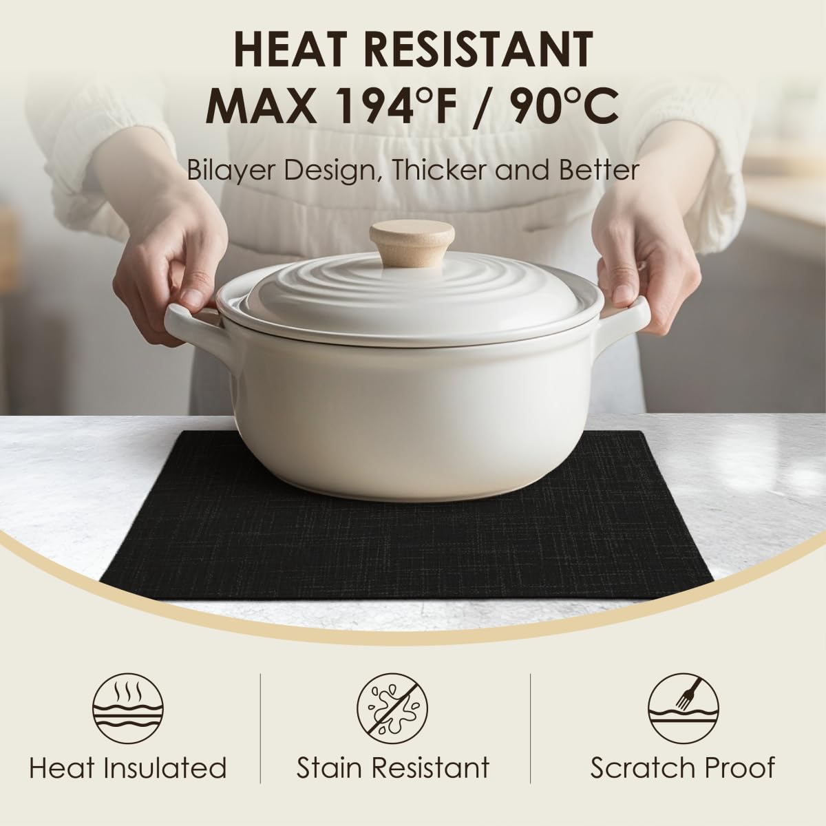 Placemats Set of 4, Bilayer Thickened Linen Place Mats Heat Resistant Machine Washable Wrinkle Free Carefully Selected Polyester Mats for Kitchen/Dining/Coffee Table (Black)