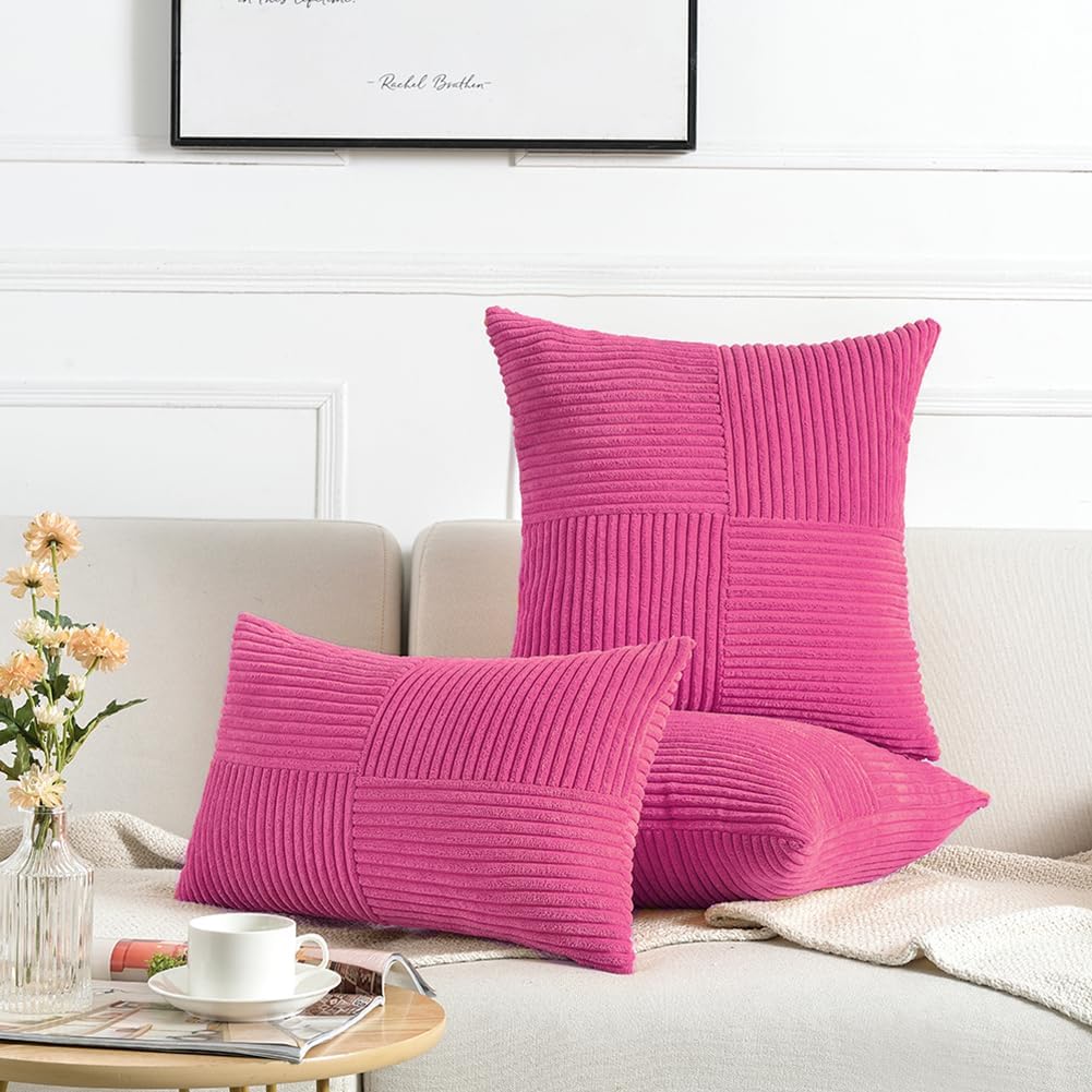 Fancy Homi 2 Packs Hot Pink Big Decorative Throw Pillow Covers 24x24 Inch for Living Room Couch Bed, Rustic Farmhouse Boho Home Decor, Soft Corss Corduroy Patchwork Accent Square Cushion Case 60x60 cm