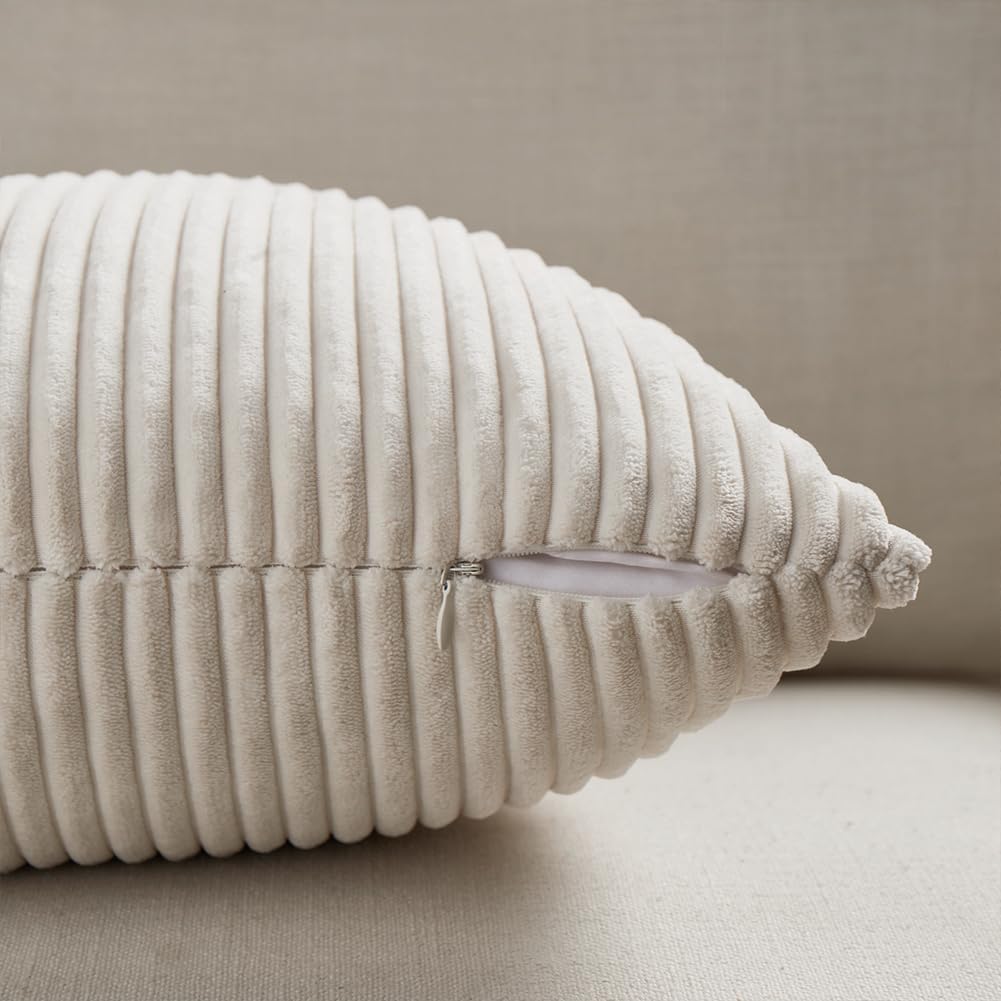 Fancy Homi 2 Packs Cream Lumbar Decorative Throw Pillow Covers 12x20 Inch for Living Room Couch Bed Sofa, Rustic Farmhouse Boho Home Decor, Soft Striped Corduroy Rectangle Accent Cushion Case 30x50 cm