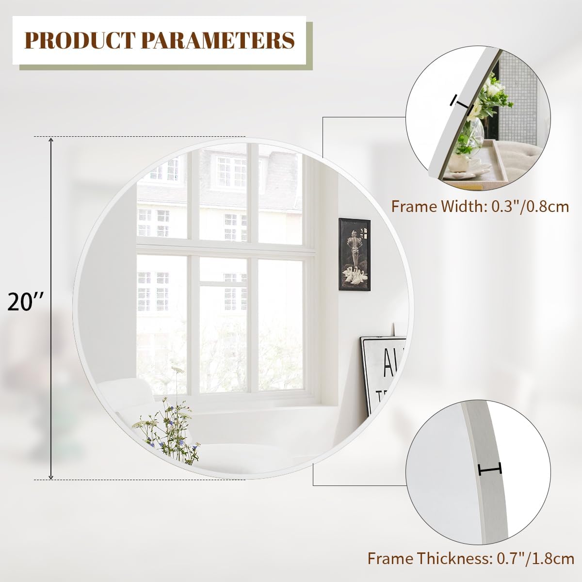 BEAUTYPEAK 20 Inch Round Mirror, Metal Frame Circle Mirror, Wall Mounted for Entryway, Bathroom, Vanity, Living Room, White