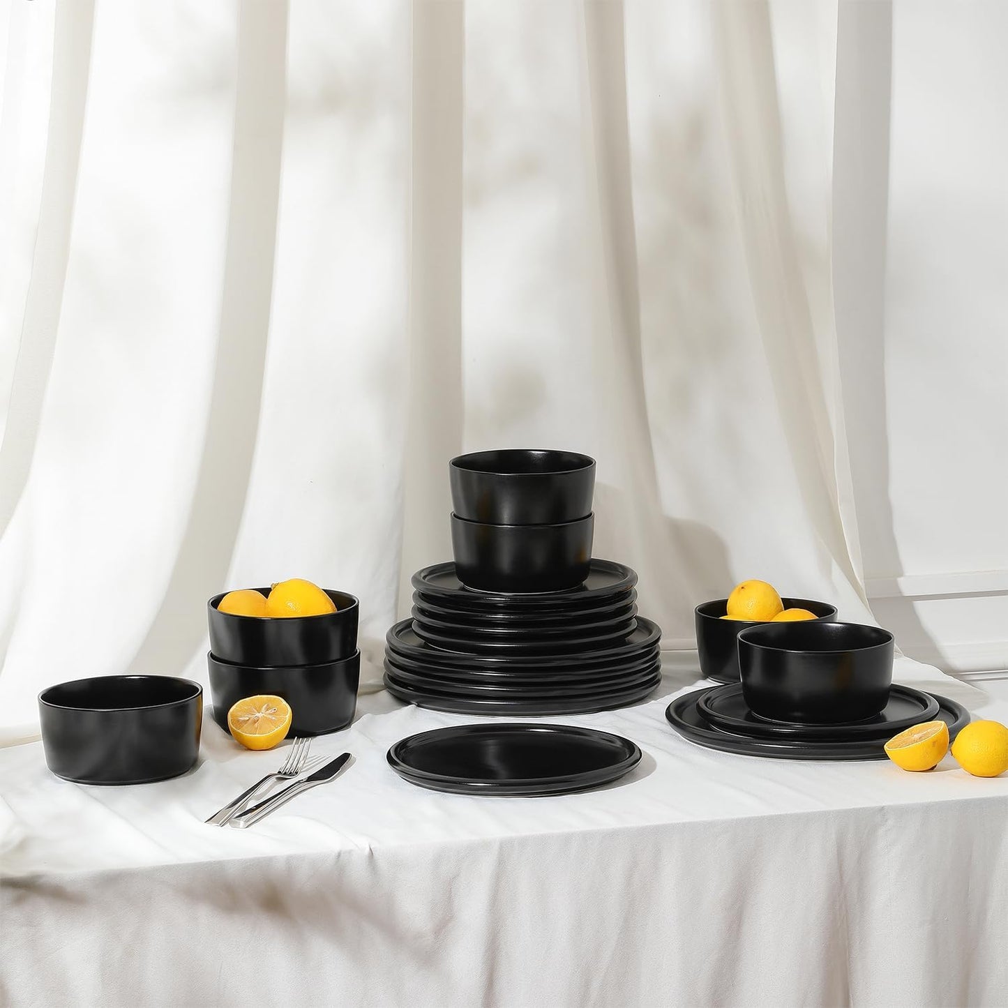 Stone Lain Eden 24-Piece Dinnerware Set Stoneware, Plates and Bowls Set, Dishwasher and Microwave Safe Dish, Dish Set for 8, Black
