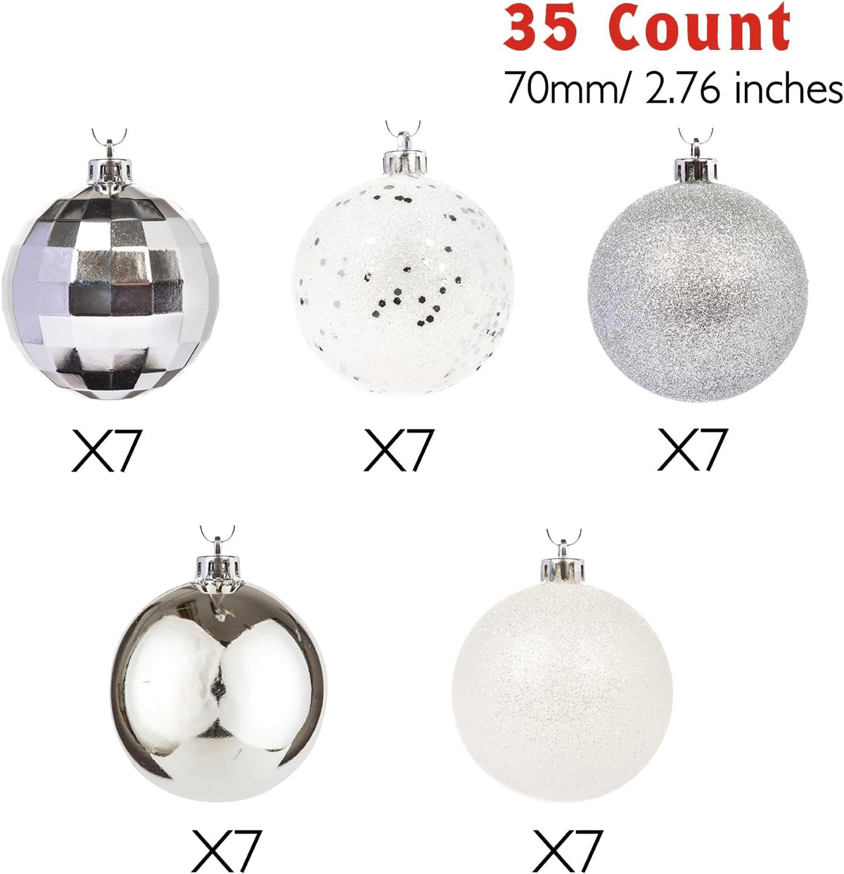 Every Day is Christmas Ornaments, Shatterproof Christmas Tree Ornament Set, Christmas Balls Decoration 35 Count (2.75"/70mm, White Silver)