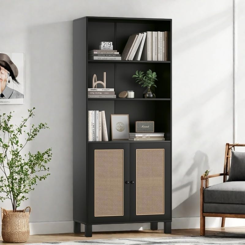 Tall Bookshelf, 5-Tier Book Shelf with 2 Rattan Doors, Freestanding Bookcase Display Shelves with Large Storage, Book Case for Living Room, Office, Study, Bedroom, 70.9 Inch