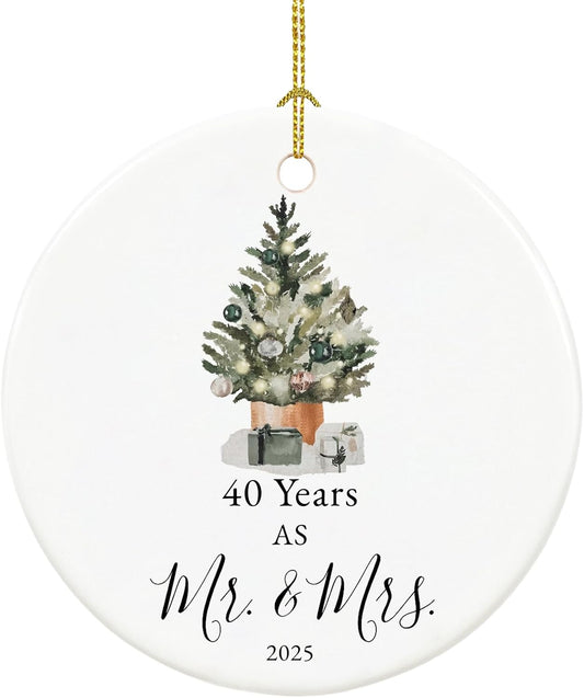 40th Anniversary Ornament Gifts for Parents,Couple, 40th Wedding Anniversary for 40 Year as Mr and Mrs Gifts, Ceramic Keepsake 40th Anniversary Christmas Ornaments with Ribbon and Box