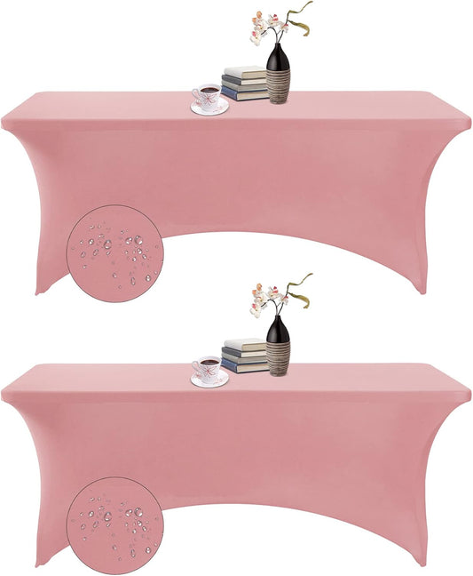 2Pack Spandex Waterproof Table Covers 6ft，Spandex 6ft Waterproof Table Cover for Party,Wedding, Banquet, and Events(Dusty Pink)