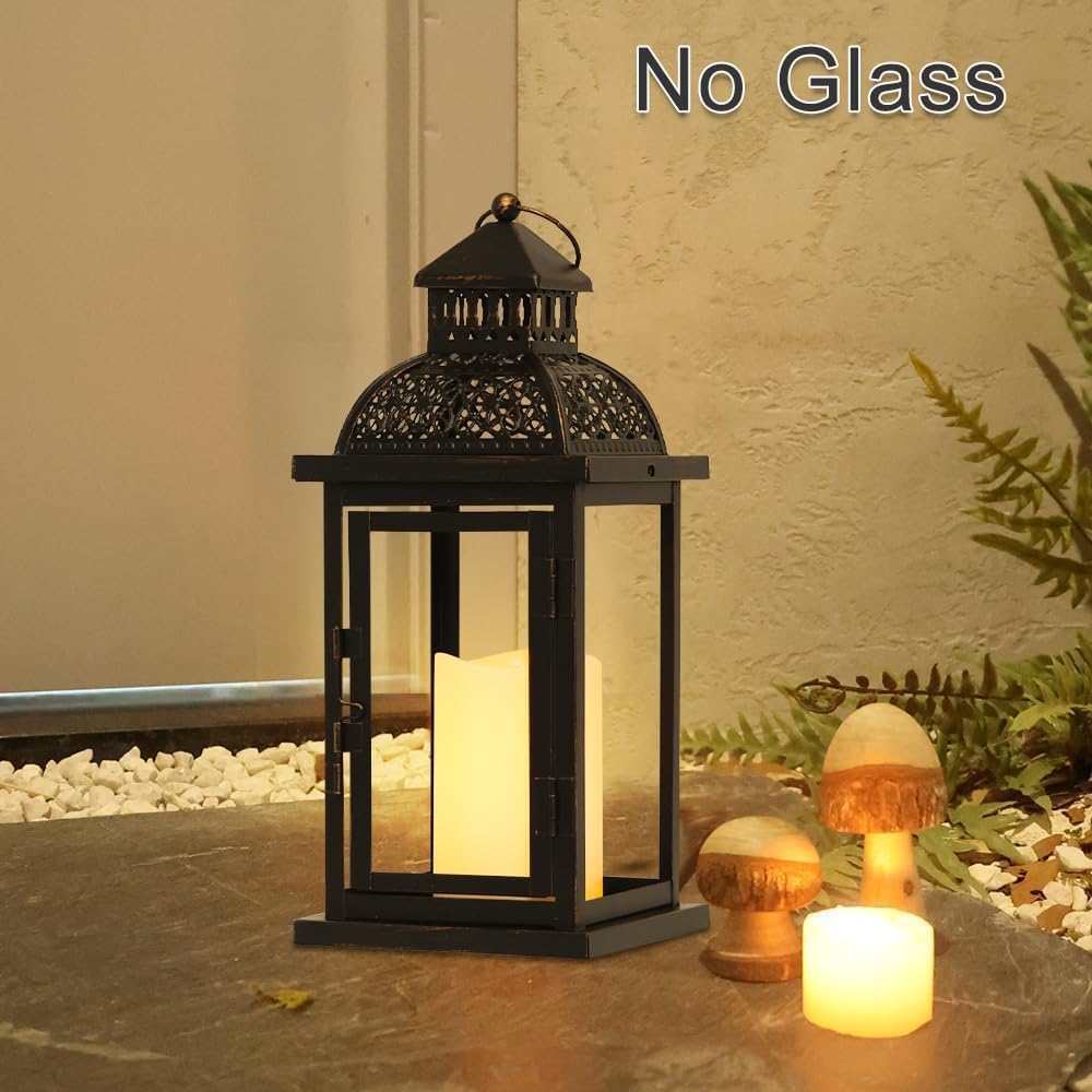 DECORKEY No Glass Lanterns Decorative Indoor & Outdoor, 15'' Candle Lantern Decorative Christmas Indoor Outdoor Decor, Vintage Metal Hanging Lanterns with LED Candle for Patio, Front Porch,Yard, Table