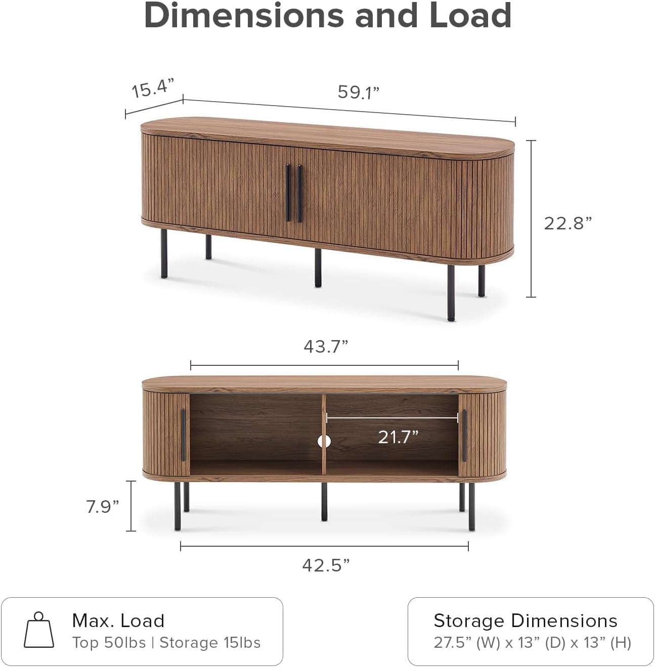 mopio Quin TV Stand, Mid Century Modern for 55/60/65 inch TV, Farmhouse TV Stand, Entertainment Center with Storage, TV and Media Console for Living Room (Walnut, 59" Tambour)