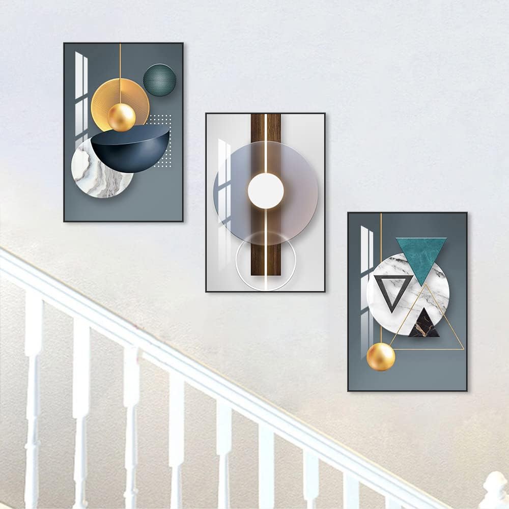 ARTKN 3 Pieces Framed Abstract Geometric Wall Art, Art Shapes Patterns Paintings, Modern Wall Decor Artwork, Large Wall Art for Living Room Bedroom Office(Blue, 16" X 24" X 3 pieces)