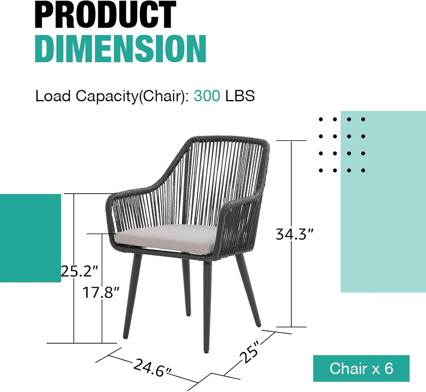 Patiorama Outdoor Dining Chairs, Patio Dining Chair Set of 6, All-Weather Woven Rope Rattan Chairs, Outdoor Dining Wicker Chairs with Armrests for Indoor Balcony Pool Backyard(Black)
