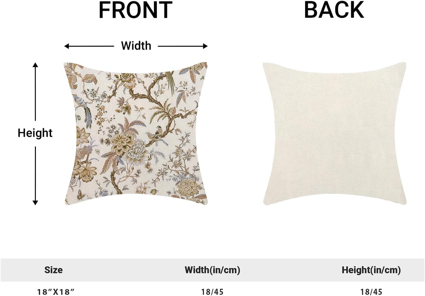 CXMEIFLY Spring Floral Birds Pillow Covers 18 x 18 Inch Set of 2 for Chinoiserie Flowers Decor Throw Pillows Brown and White Plant Outdoor Decorative Cushion Cases for Couch Bed Decorations