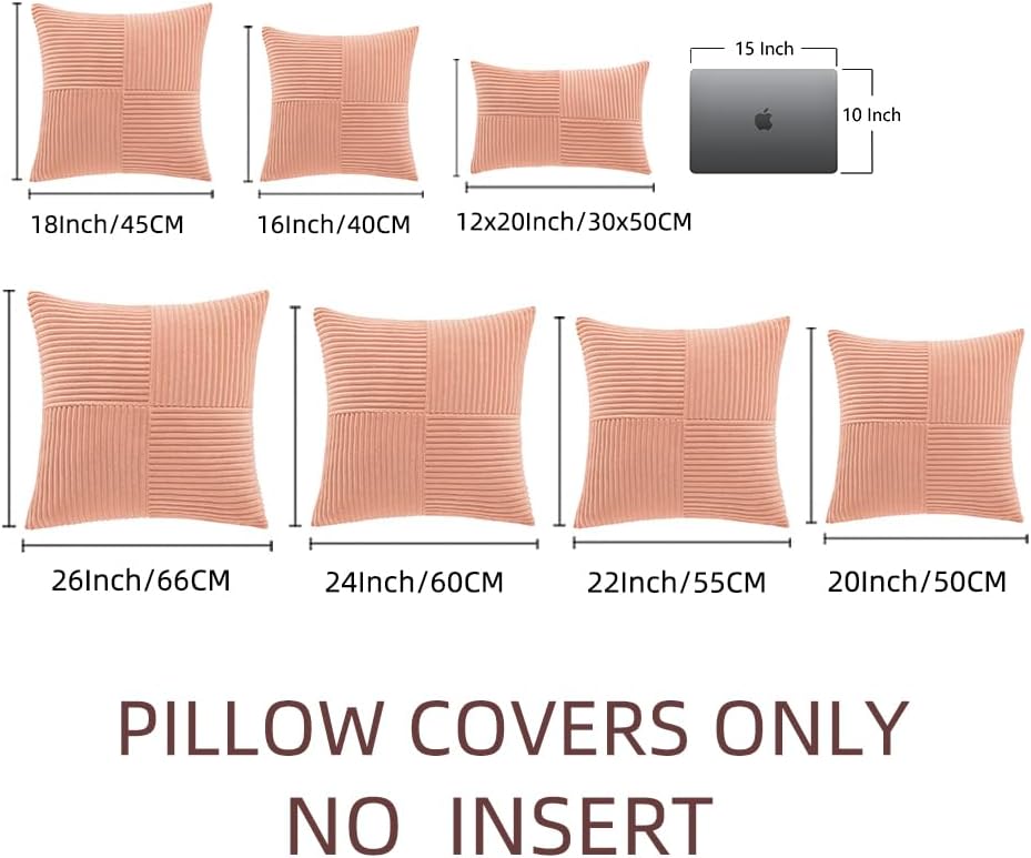 Fancy Homi 2 Packs Coral Big Decorative Throw Pillow Covers 24x24 Inch for Living Room Couch, Rustic Farmhouse Boho Home Decor, Soft Corss Corduroy Patchwork Accent Peach Square Cushion Case 60x60 cm