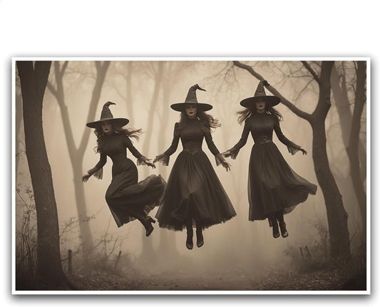 JFHCQJPK Three ghost witches flying in vintage forest gothic wall art witchcraft decoration holiday gift canvas wall art print8x12in Frameless