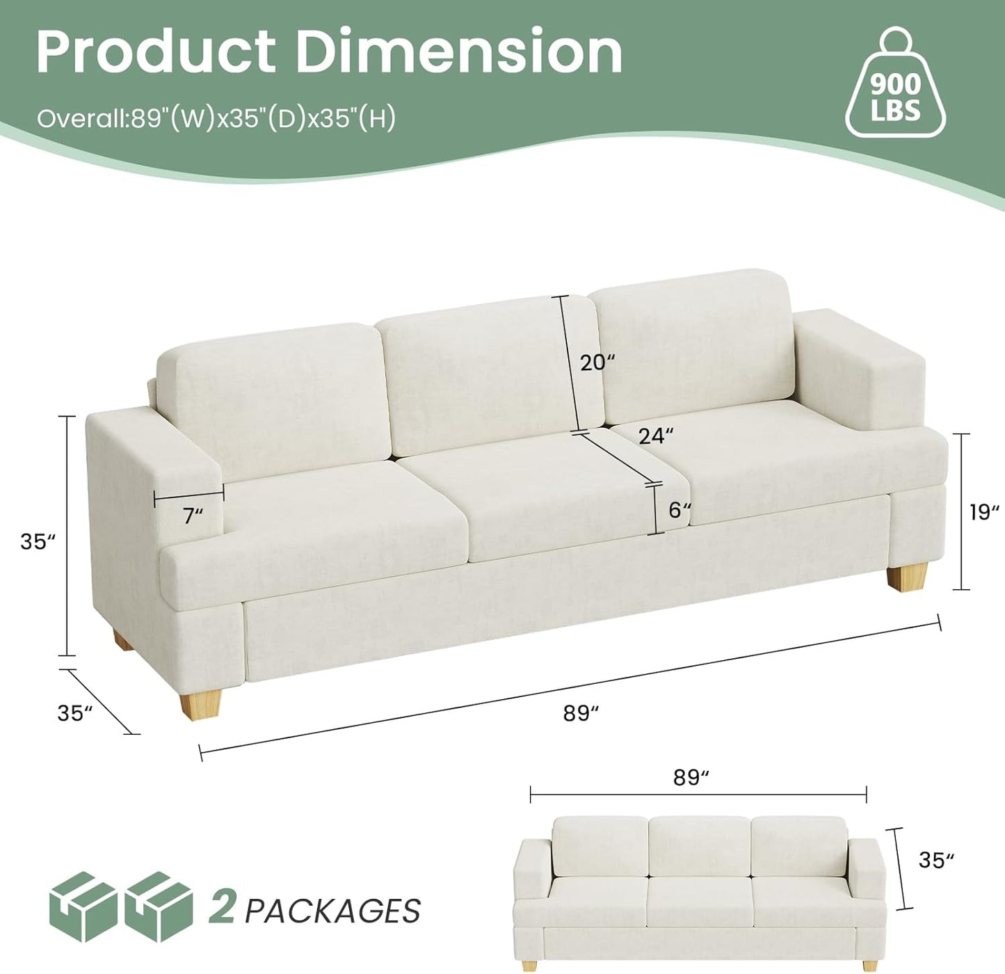 Sofa, 2 Piece Set Comfy Couch, 3 Seater & Loveseat Sofa with Deep Seats, Modern Sleeper Couch for Living Room, Beige Chenille