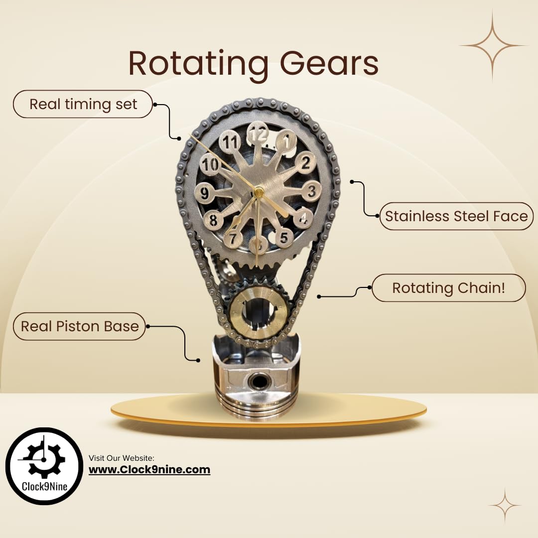 Chevrolet Small Block V8 Rotating Gear Clock – Stainless Steel Timing Chain Desk Clock by Clock9Nine, Chevy Truck Garage Decor, Muscle Car Gift, Hot Rod Man Cave Collectible, Car Show Trophy