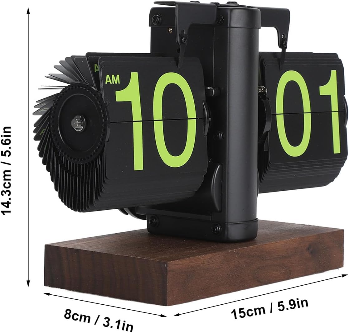 Flip Desk Clock, Retro Vintage Flip Desk Table Clock, Digital Sided Large Numbers Mechanical Flip Clock Wood Base for Living Room, Study Room and Office（Frosted Black）