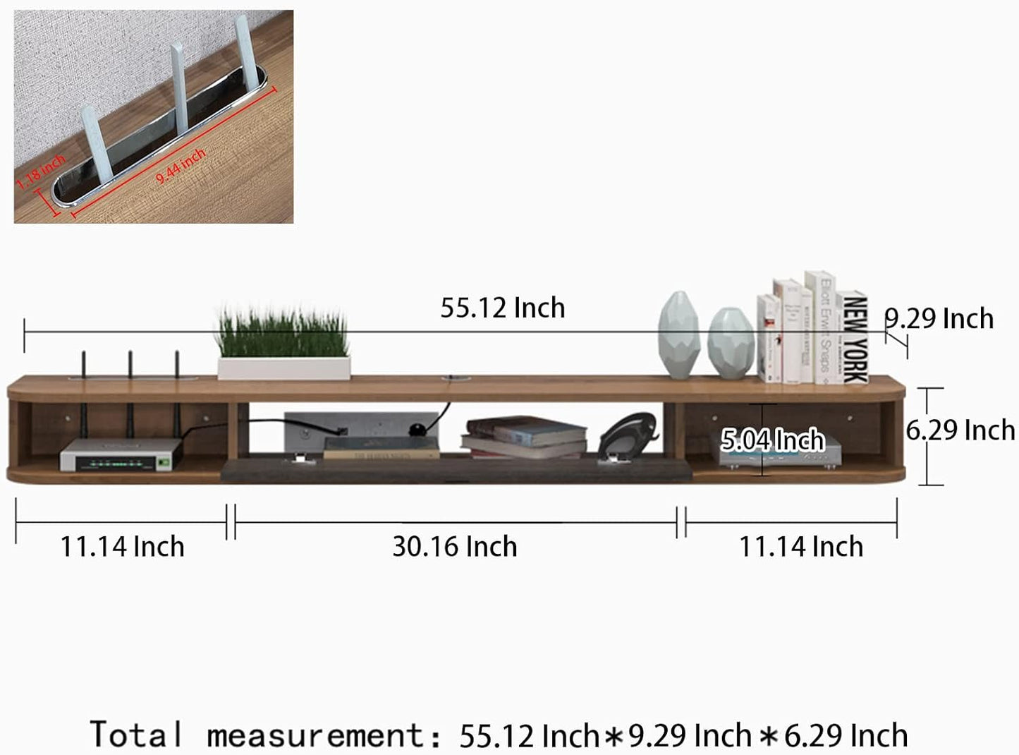 Pmnianhua Floating TV Shelf, 55'' Wall Mounted TV Stand Floating TV Console Media Entertainment Under TV Shelf for Bedroom Livingroom (Walnut)