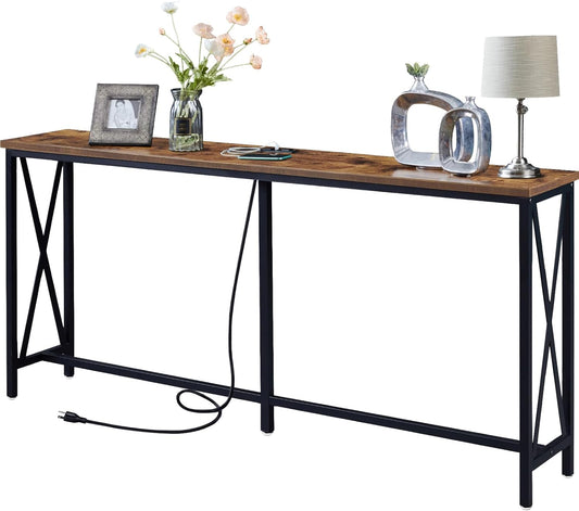 SUPERJARE 70 Inch Console Table with Outlets and USB-C Port, Extra Long Behind Couch Sofa Table with X-Shaped Design, Narrow for Entryway, Living Room, Metal Frame, Wooden Top, Rustic Brown
