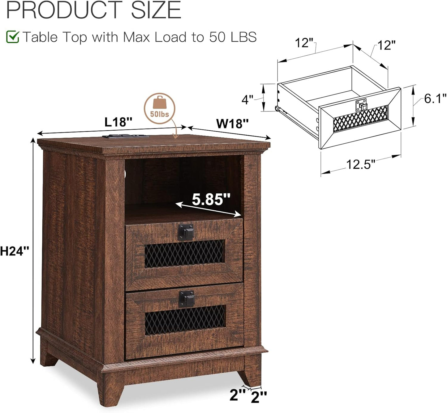 Nightstand with Charging Station,OKD 18'' Industrial & Farmhouse End Table with 2 Drawers &Open Cubby, Rustic Mesh Drawer Sofa Side Table w/Storage for Bedroom, Living Room, Office, Reclaimed Barnwood