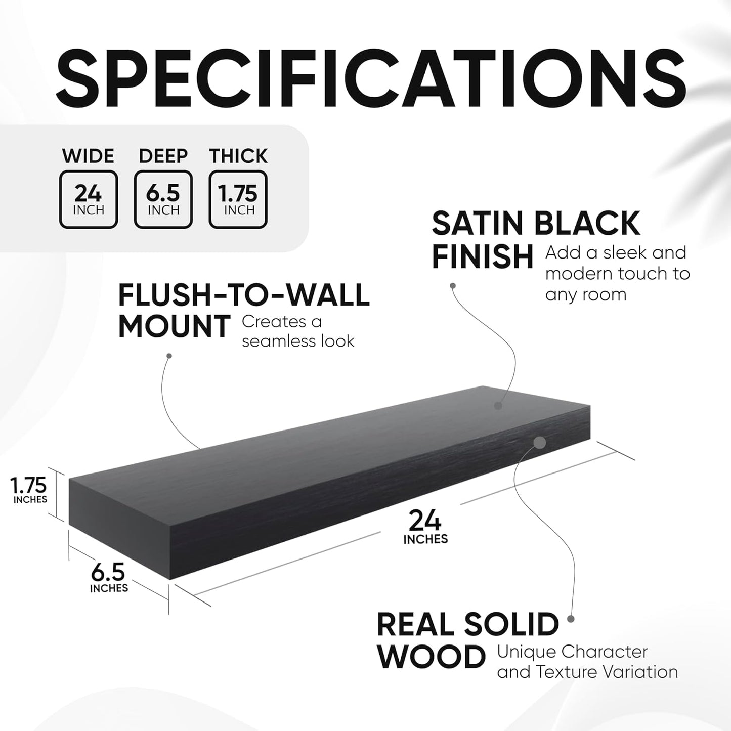 Homeforia Black Floating Shelves 24 inch, High End Solid Real Wood 24inch Bathroom Floating Shelf for Wall Mounted, Black Wooden 24in Floating Shelves, Heavy Duty Bracket, 24 X 6.5 X 1.75 in, Set of 3