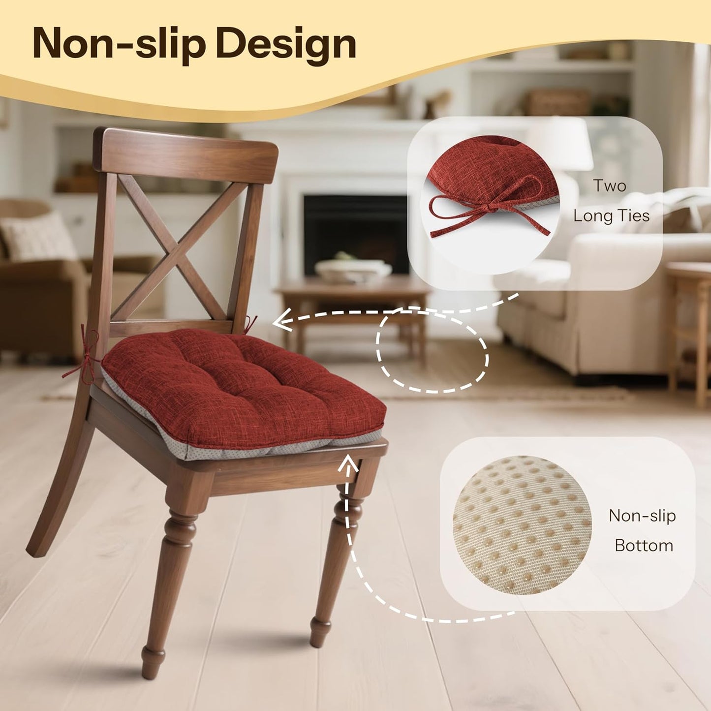 Non Slip Chair Cushions for Dining Chairs Set of 4 Kitchen Chair Cushions 18"x18"x3" Turfted Chair Pads Comfortable and Soft Seat Cushion with Ties, Rust
