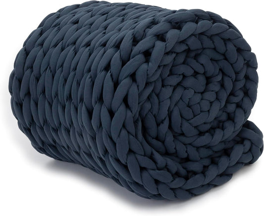 Nuzzie Chunky Knit Blanket - Breathable, Cooling, Hand Made Knit Throw Blanket for Sleep - Machine Washable, Stylish Decor Design (Dusty Blue, Queen | 22lbs | 60"x80")