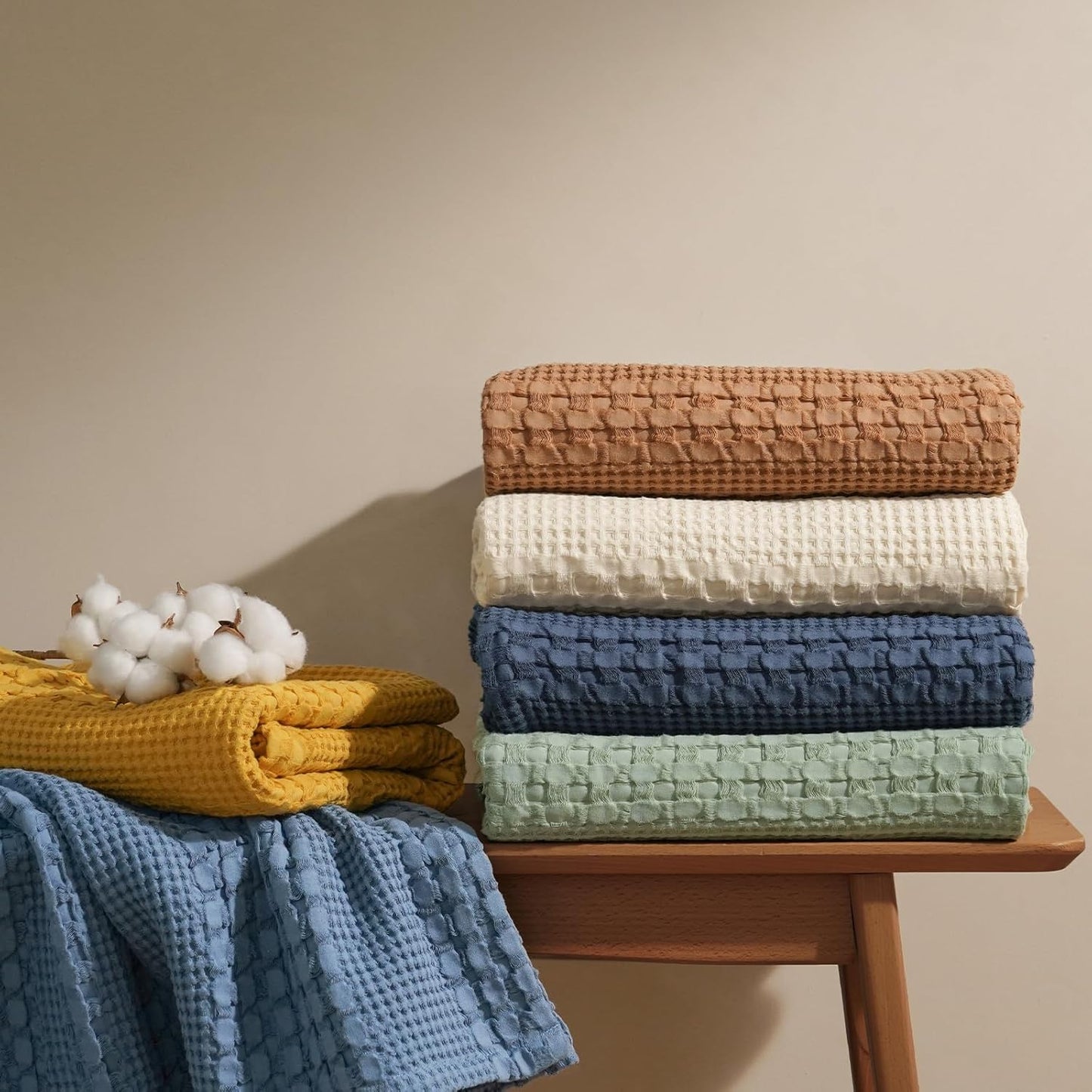PHF 100% Cotton Waffle Weave Throw Blanket, Soft Lightweight Breathable Cozy Summer Throws for Couch Bed Sofa, Luxury Aesthetic Woven Blanket for Home Decor & Office, 50"x60", Undyed