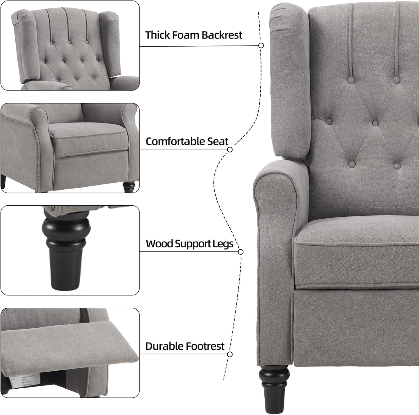 EBELLO 2 Pcs Pushback Recliner Chairs, Fabric Armchair Push Back Recliner with Rivet Decoration, Single Sofa Accent Chair for Living Room, Bedroom, Grey