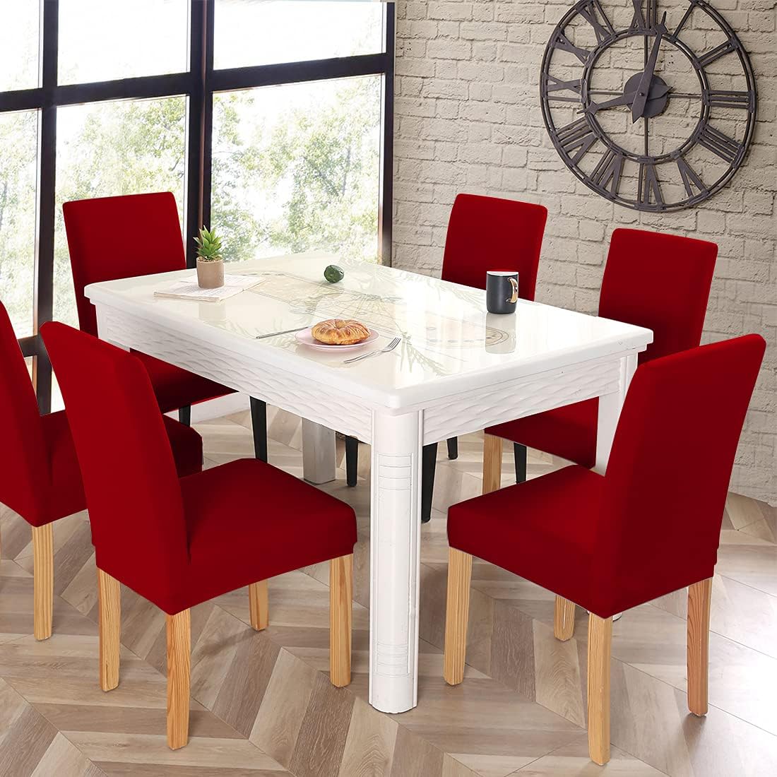 JQinHome 6 Pcs Dining Chair Slipcover,High Stretch Removable Washable Chair Seat Protector Cover for Home Party Hotel Wedding Ceremony (Red)